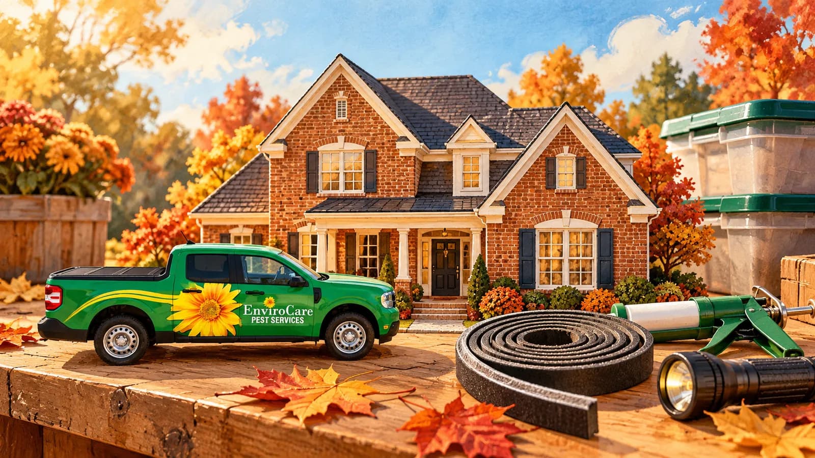Illustration of a miniature brick home beside weatherstripping, a caulk gun, a flashlight, storage bins and an EnviroCare truck.