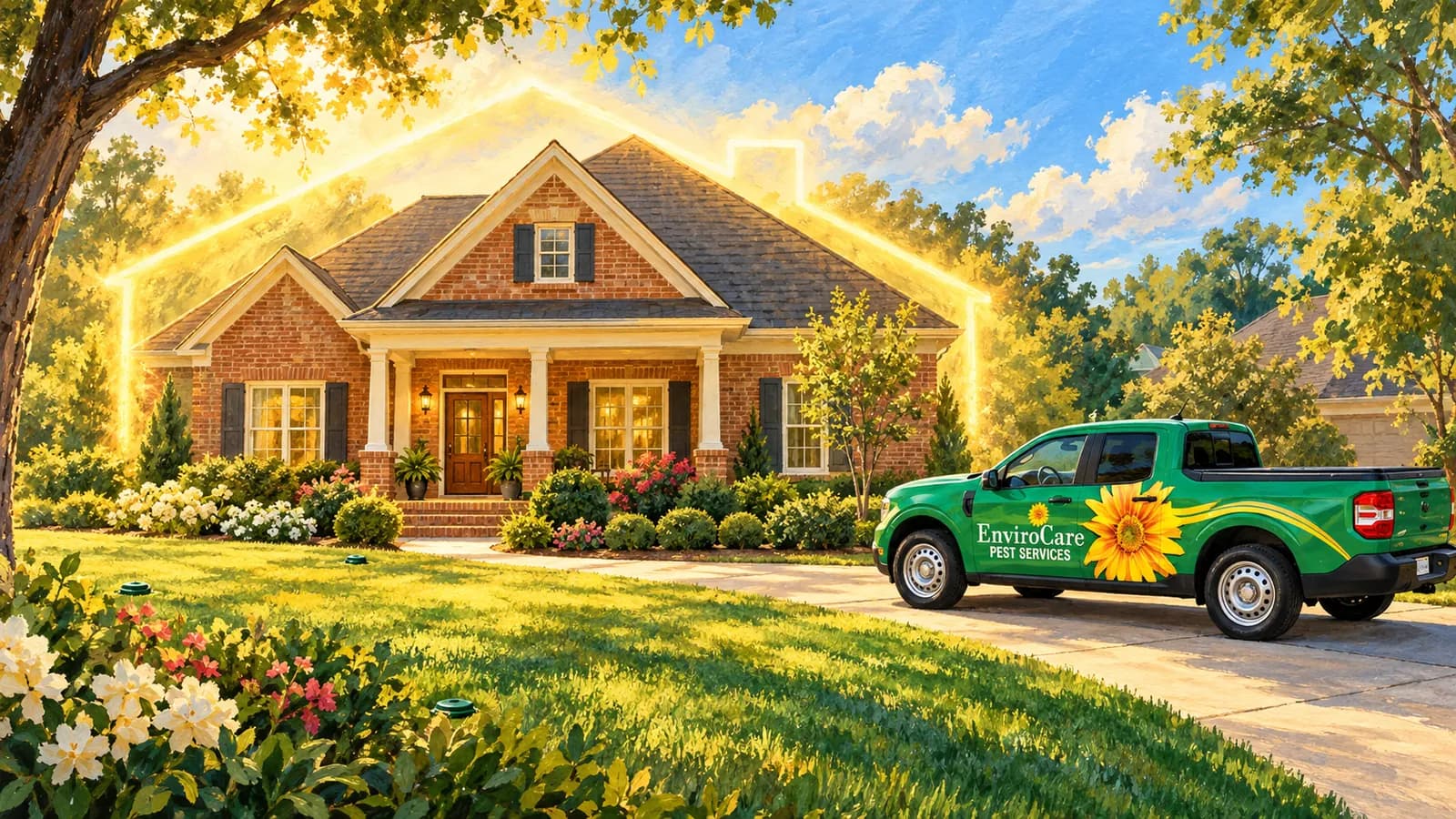 Illustration of a brick home with a golden house outline and an EnviroCare sunflower-wrapped truck in the driveway.
