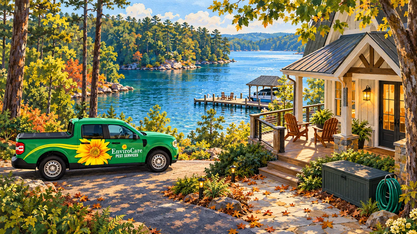 Illustration of a lakeside cottage, wooded cove and dock, with a green EnviroCare service truck.