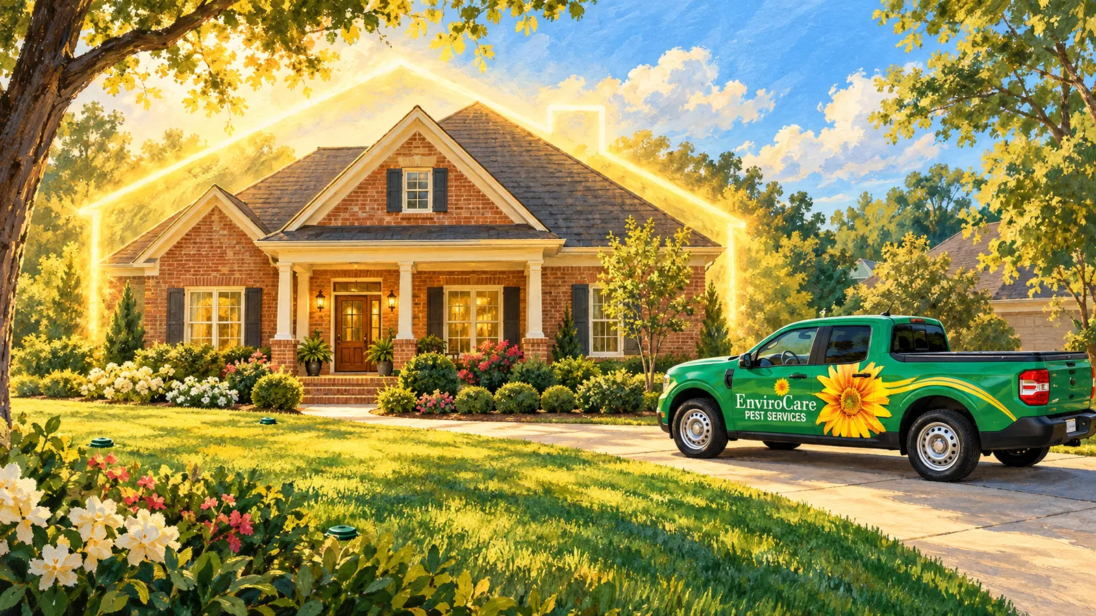 Illustration of a brick home with a golden house outline and an EnviroCare sunflower-wrapped truck in the driveway.