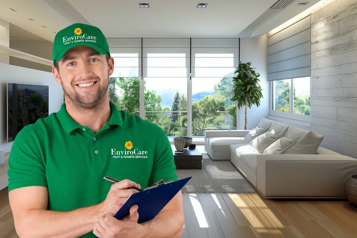 EnviroCare technician in branded green uniform and cap holding an inspection clipboard